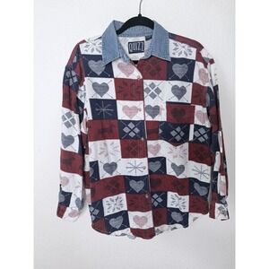 Vtg Quizz New York Denim Shirt Womens L Button Up Hearts Valentines